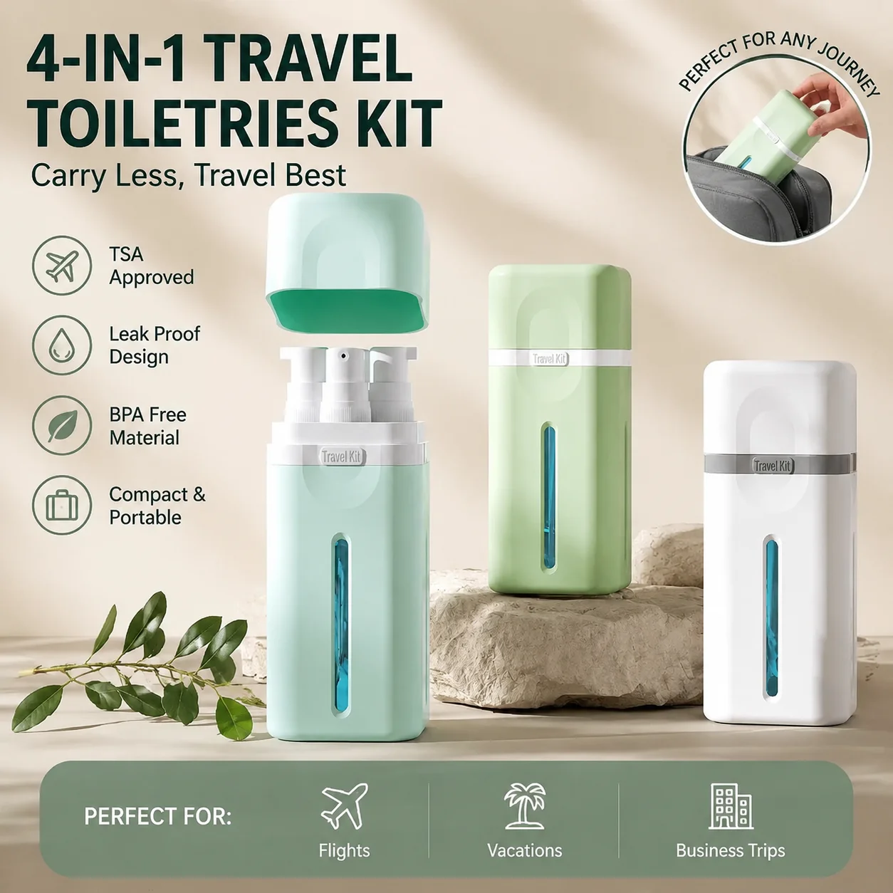 Compact 4-in-1 Refillable Travel Toiletry Set - Leak-Proof Cosmetic Liquid Containers