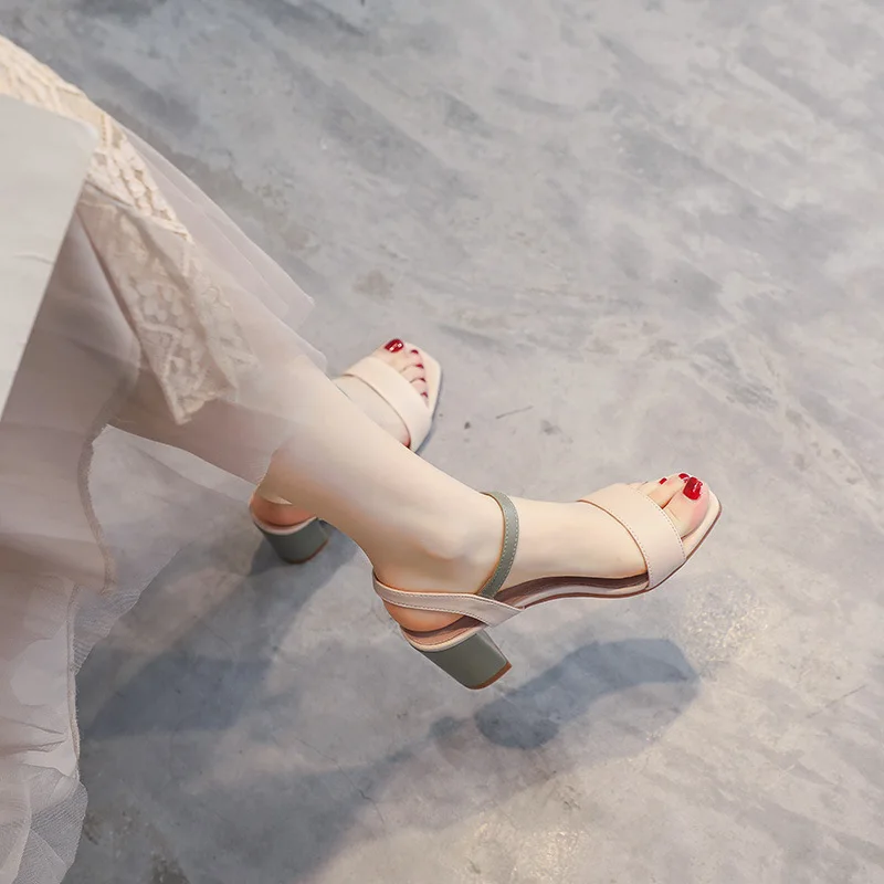 2023 Summer Sandals Woman Fashion Large Size High-heeled Rome Shoes PU Hoof Heels TPR Slides Fabric Large Size Low Sandal Woman