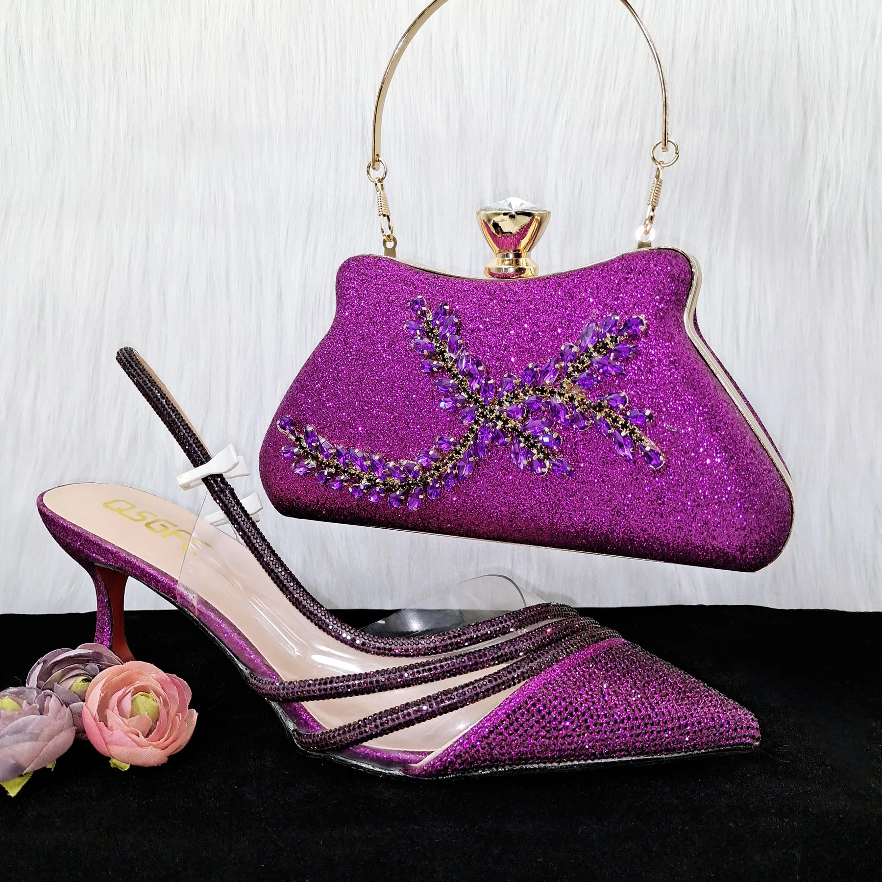 

PM Elegant Purple Color Shoes And Bag Pointed Ladies Shoes And Bag Colorful Shiny Dual-use Bags Wedding Party Shoes With Bag