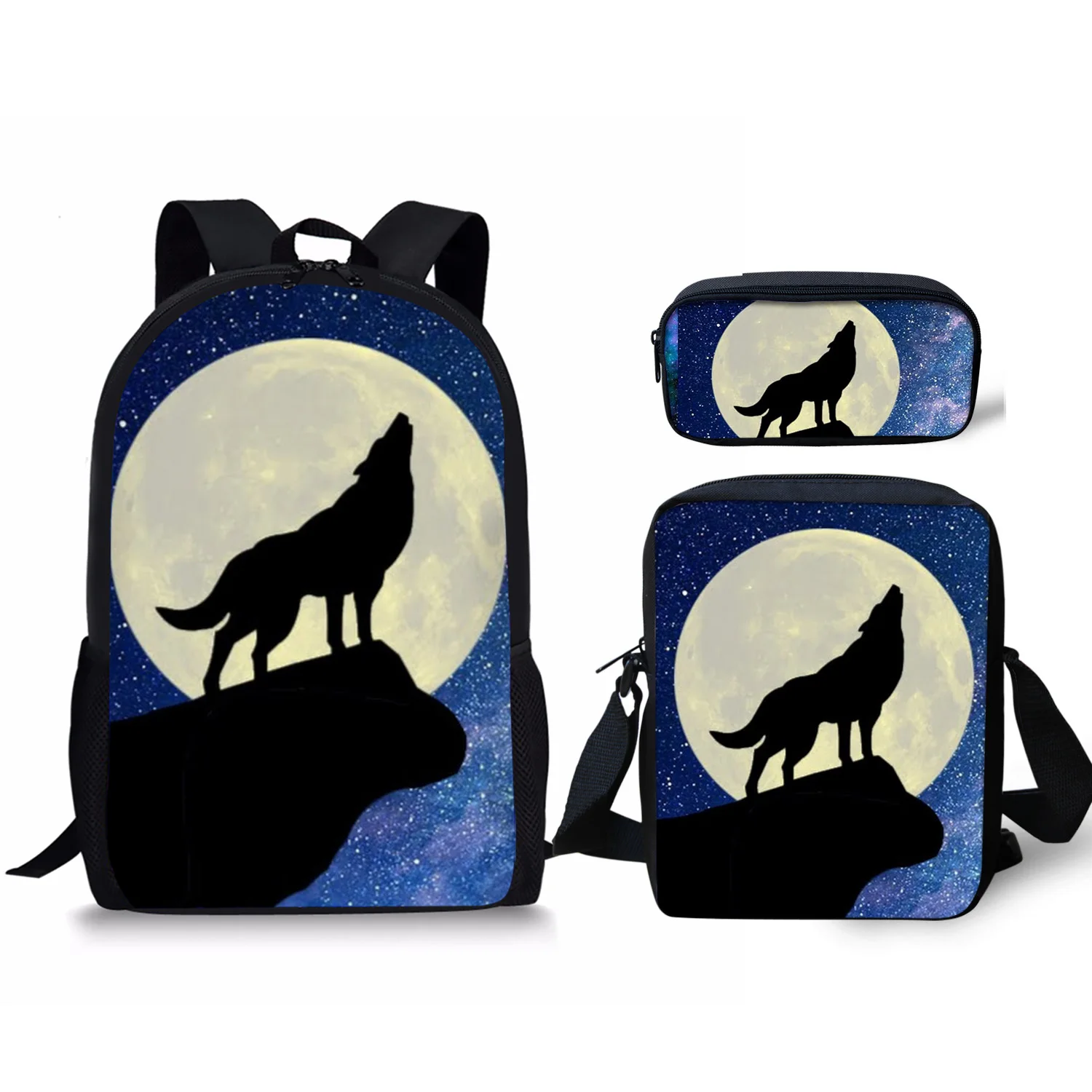Popular Wolf on the Moon Pattern 3pcs/Set Backpack 3D Print Large Capacity Bags Travel Laptop Daypack Shoulder Bag Pencil Case