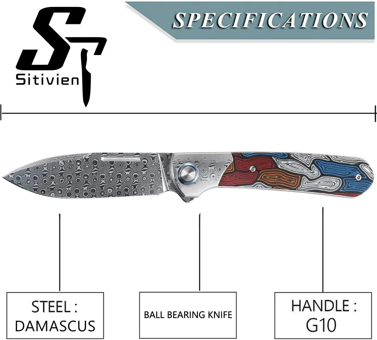 New Sitivien ST256 Pocket Knifes Damascus Steel Blade Colorful G10 Handle Folding Knife EDC for Working Outdoor Camping 4