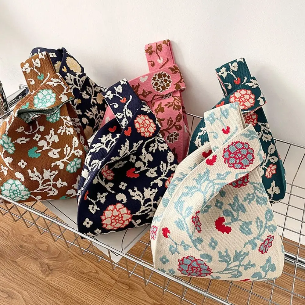 

Women Retro Flower Knitted Handbag Simple Fashion Trendy Wrist Hanging Bag Portable Shopping Storage Accessories