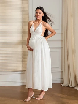 Elegant Maternity Maxi Dress Sleeveless Ruched Empire Waist Pregnancy Gown for Baby Shower Photoshoot Summer Clothes 2