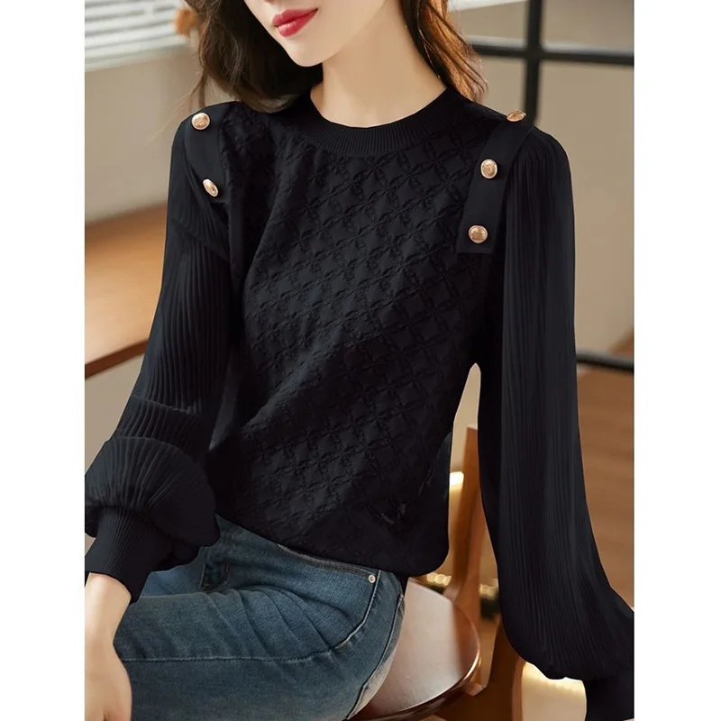 Elegant Solid Color Spliced All-match Folds Blouse Women's Clothing 2023 Autumn New Casual Pullovers Loose Office Lady Shirt
