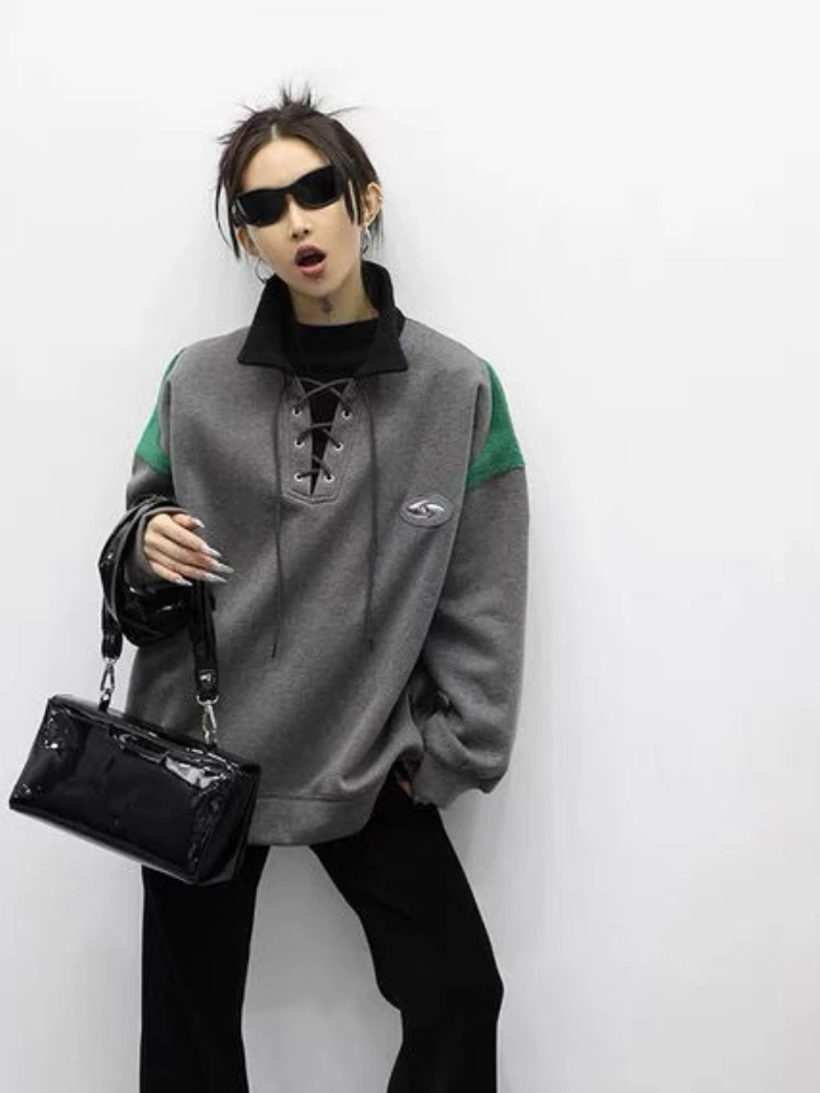 

HOUZHOU Vintage Sweatshirts Women Loose Streetwear Bandage Patchwork Oversized Hoodies Autumn Harajuku Y2k Kpop Clothes