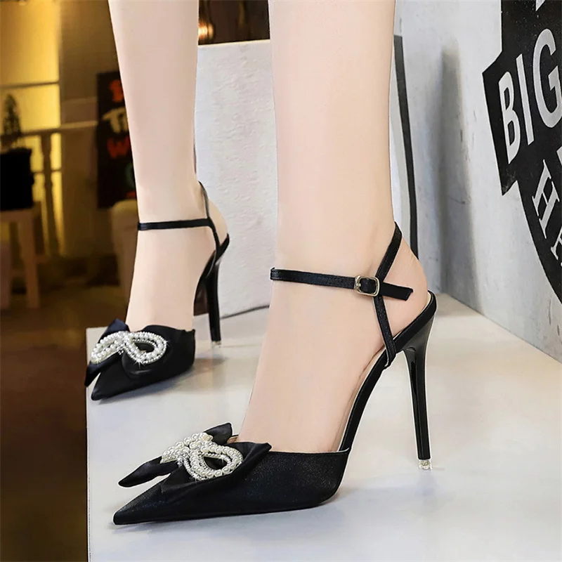 Women's Pointed Toe Shallow Mouth Sandals Summer 2024 New Fashion Pumps Pearl Bow High Heel Hollowing Out Heeled Sandals