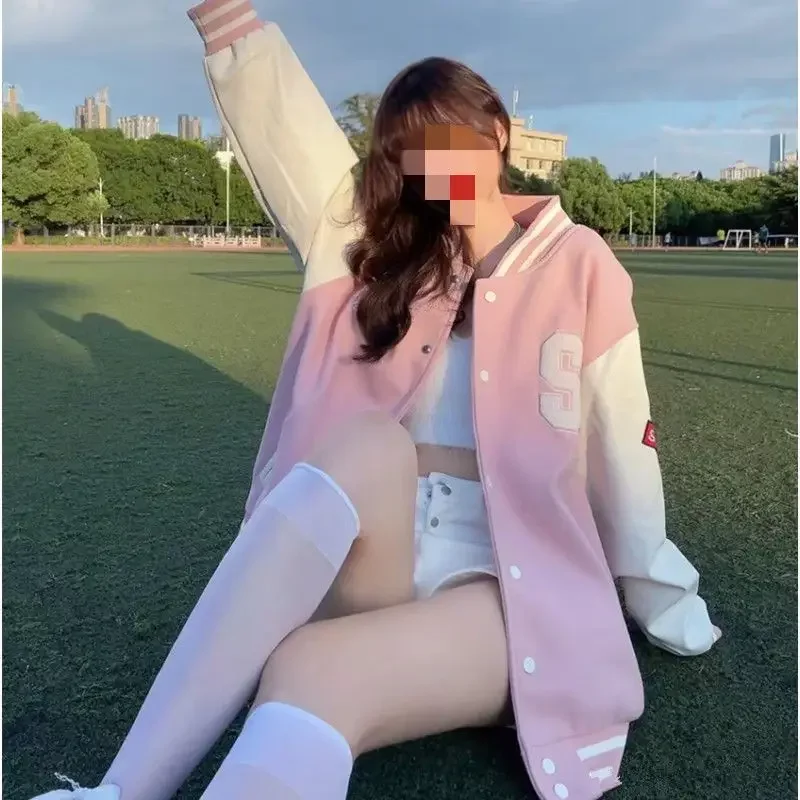 Description Picture 3 of itemVintagePreppy Style Fleece-Lined Pink Baseball Cap Women's Spring Autumn New Versatile Thickened Jacket Cardigan