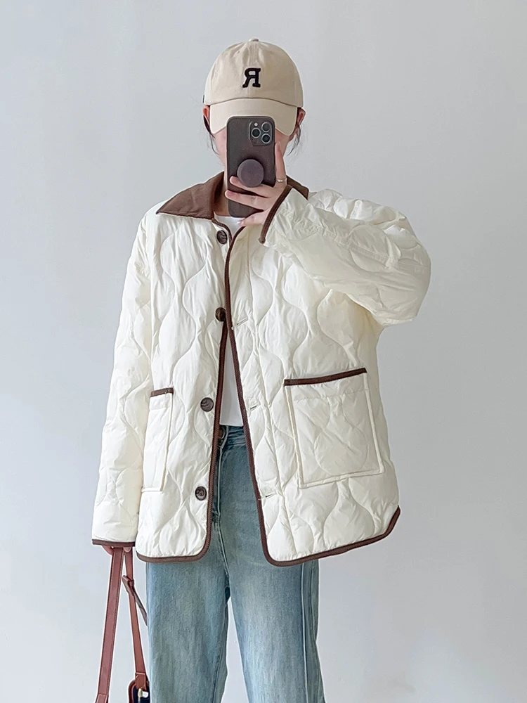 Lightweight down Jacket Women\'s Short Contrast Color Lapels Rhombus White Duck down Winter Coat