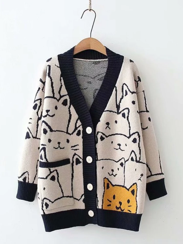 Merry Pretty Cartoon Cat knitted cardigans Jumper Autumn Winter Womens  Harajuku Sweater coat O-Neck Long Sleeve cardigan 2023 - AliExpress