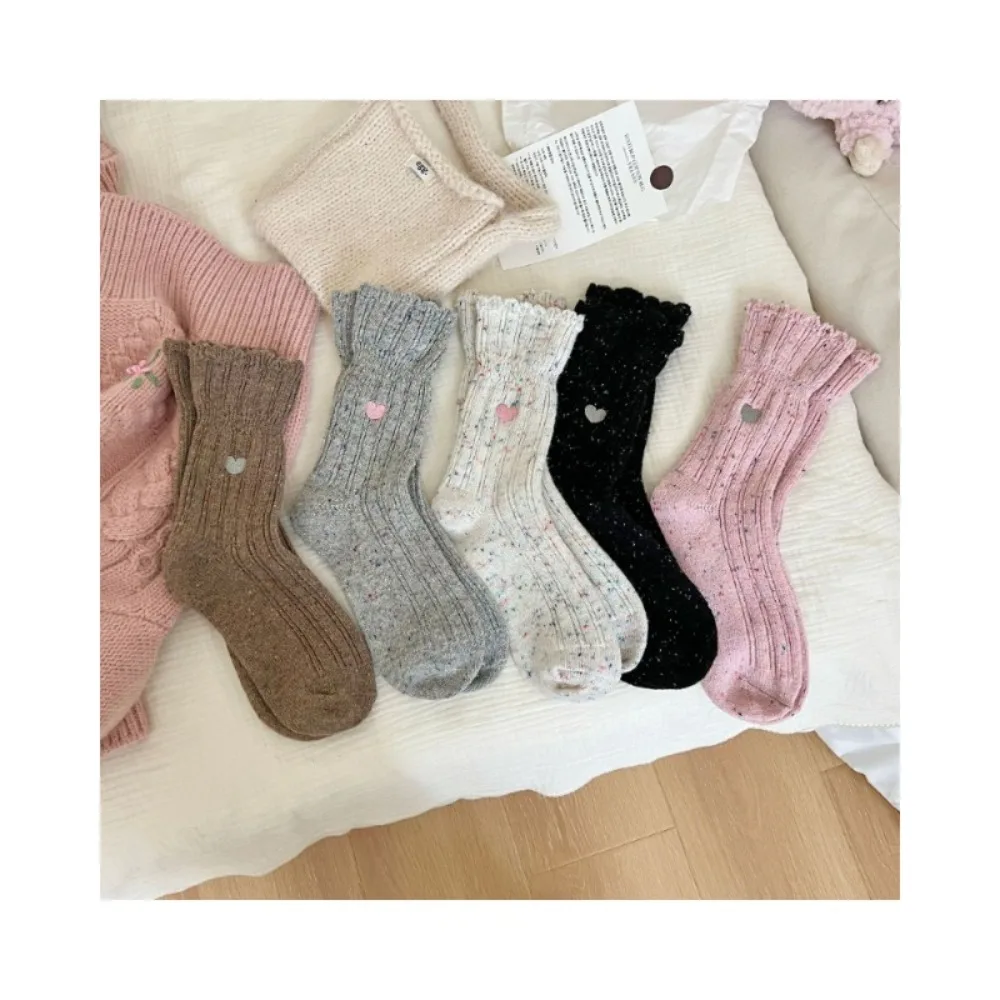 

INS Kawaii Winter Love Embroidery Pattern Lace Cute Socks for Girl Solid Color Women Warm in Tube Wool Socks Versatile Style