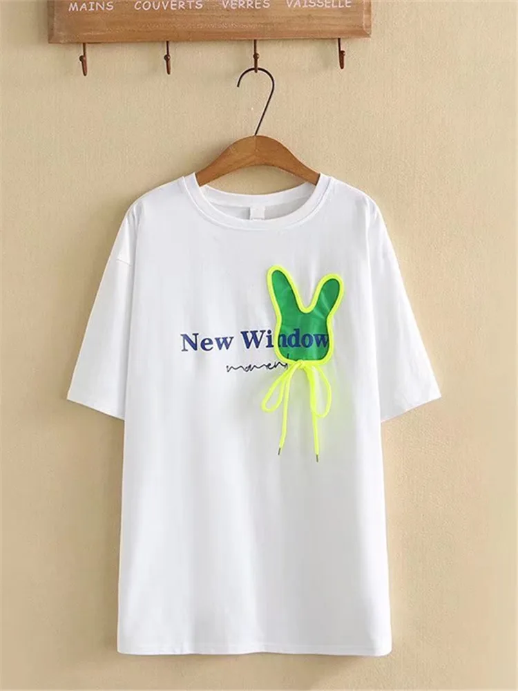 

Plus Size Women Clothing Short Sleeve T-Shirt Embroidery And Cord On Chest High Quality Large Size Medium And Long Summer Clothe