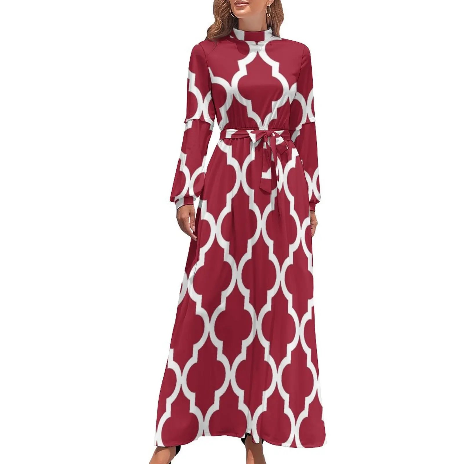 thumbnail image 1 of Vestido largo con estampado marroquí rojo carmesí, vestidos de noche de lujo 2024, vestidos de manga larga para mujer, 1 of 5