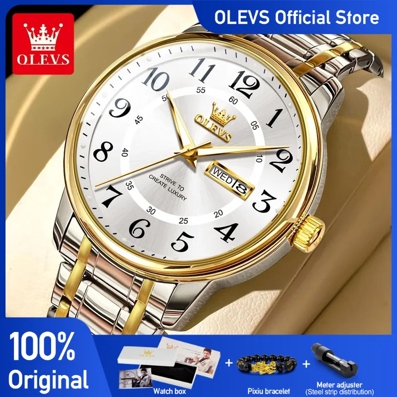 OLEVS Men's Watches Simple Original Quartz Wristwatch Roman Numeral Dial Date Week Display Waterproof Luminous Stainless Steel 1