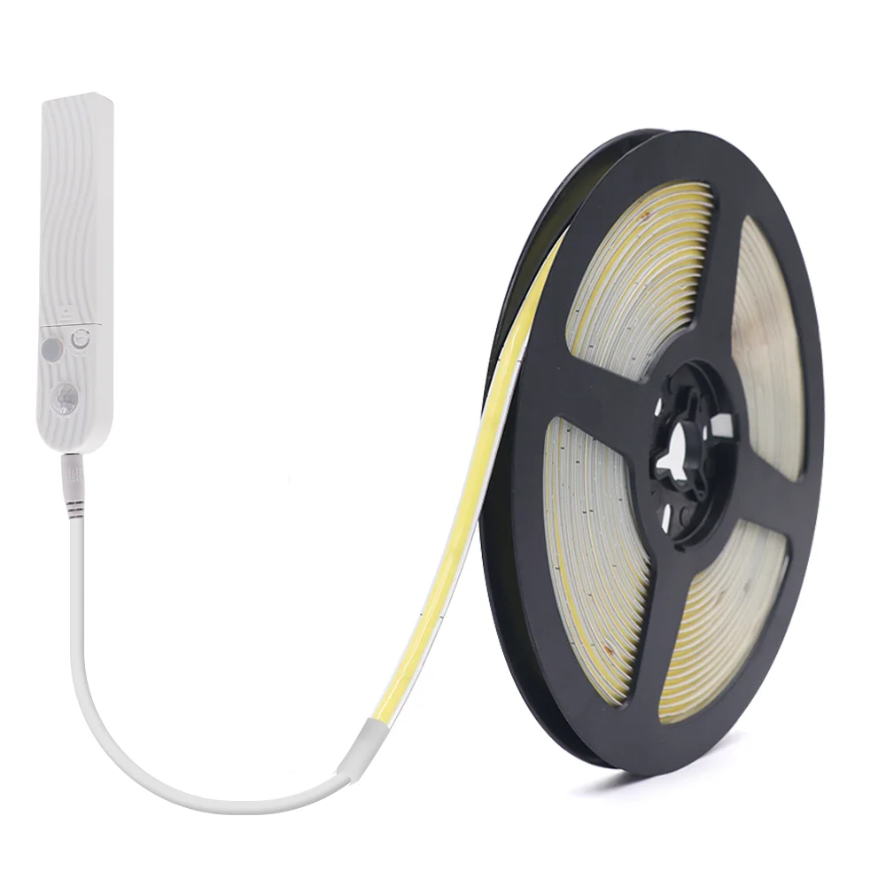 thumbnail image 1 of Tira de luces LED COB de 5 V, 320 LED/m, sensor de movimiento PIR de alta densidad, lámpara de cinta LED FOB, iluminación lineal flexible alimentada por 4 pilas AAA, 1 of 5