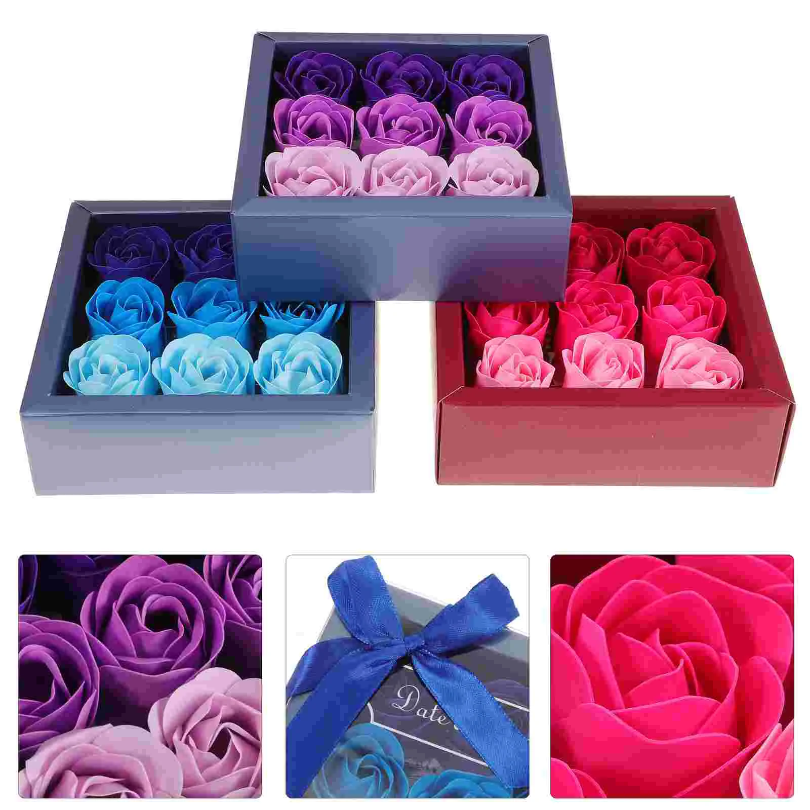

3 коробки, розы, подарок, свежие цветы, мыло с градиентом, романтические розы, искусственные цветы