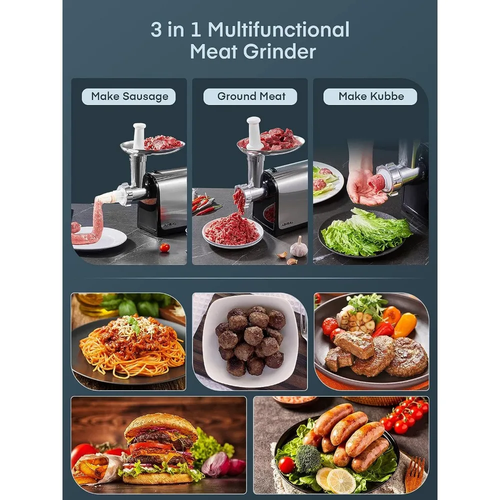 Electric Meat Grinder, Aiheal Stainless Steel Sausage Stuffer Maker with 2 Blades & 3 Plates,3 Sausage Stuffer Tubes & Kubbe Kit 2