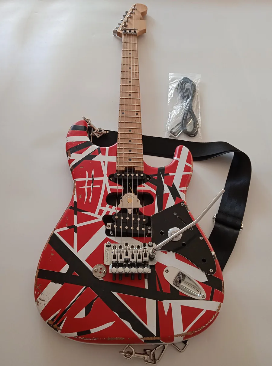 Roasted maple Heavy Relic Electric Guitar/Red Body/Decorated With Black And White Stripes/