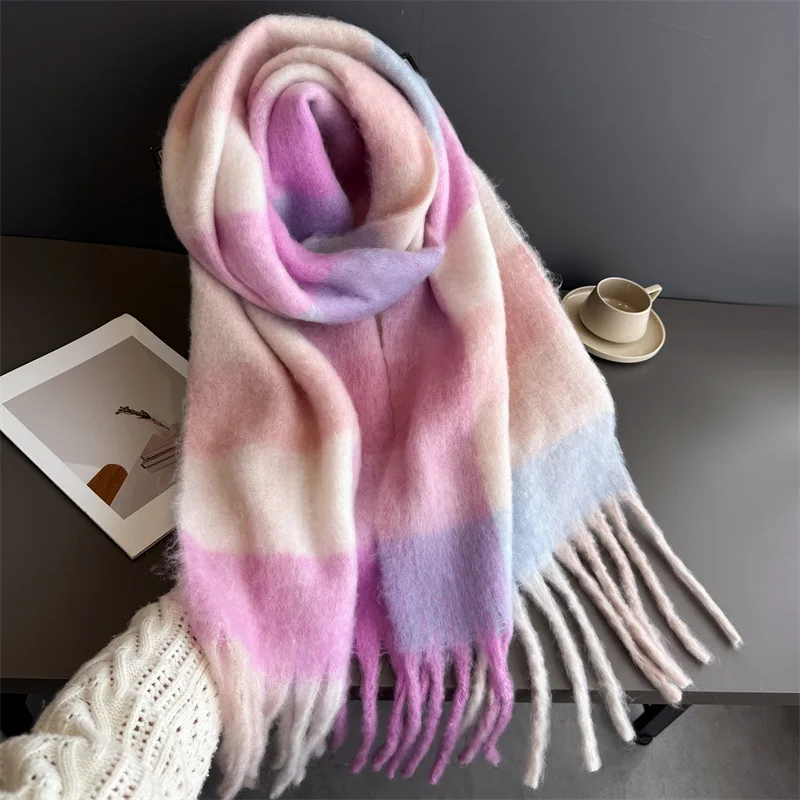 Winter Warm Thick Scarf Women Mohair Plaid Soft Tassel Shawl Wrap Pashmina Checkered Large Neck Blanket Scarf