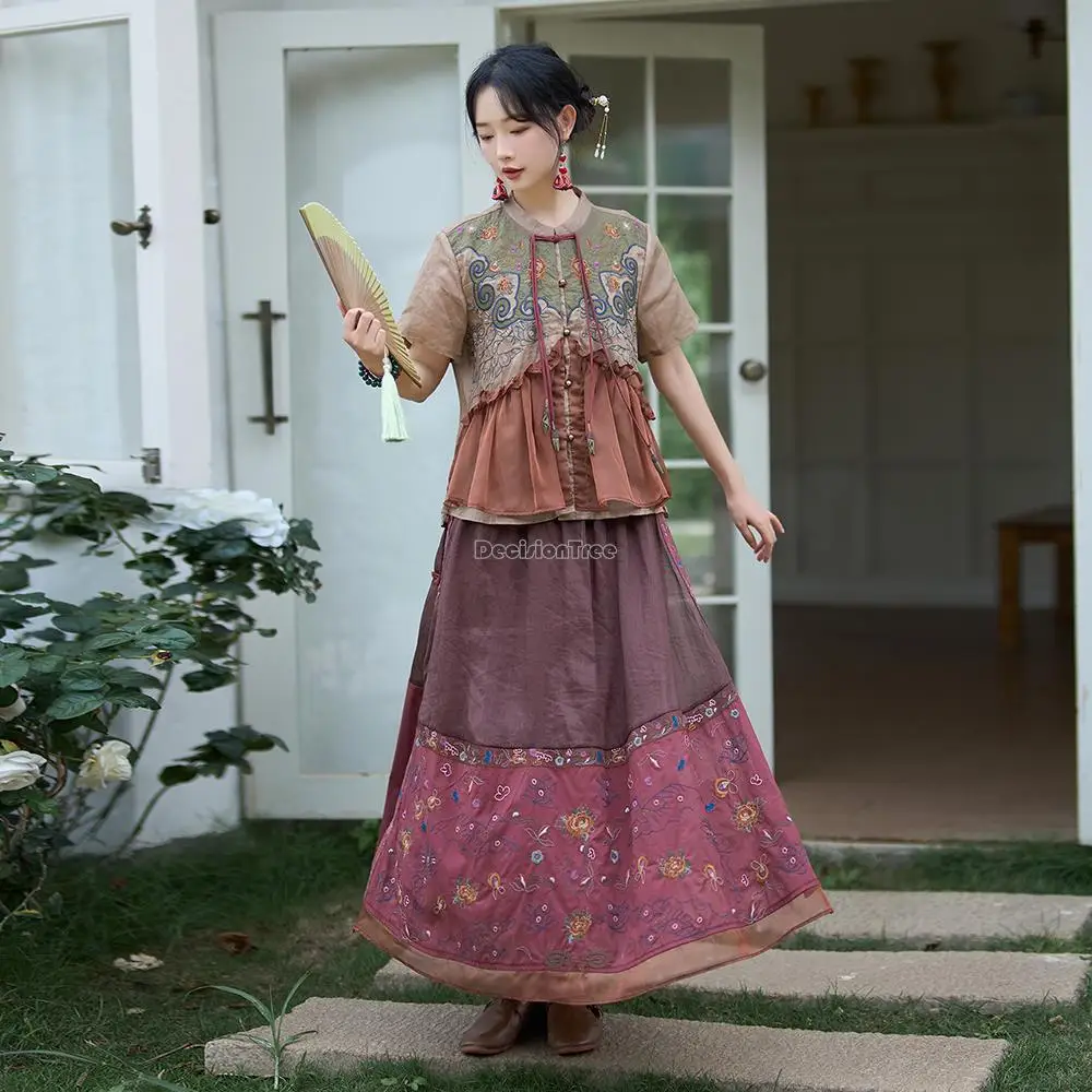 

2023 chinese ethnic style embroidery cotton linen stand collar short sleeve short shirt new chinese summer national top s272