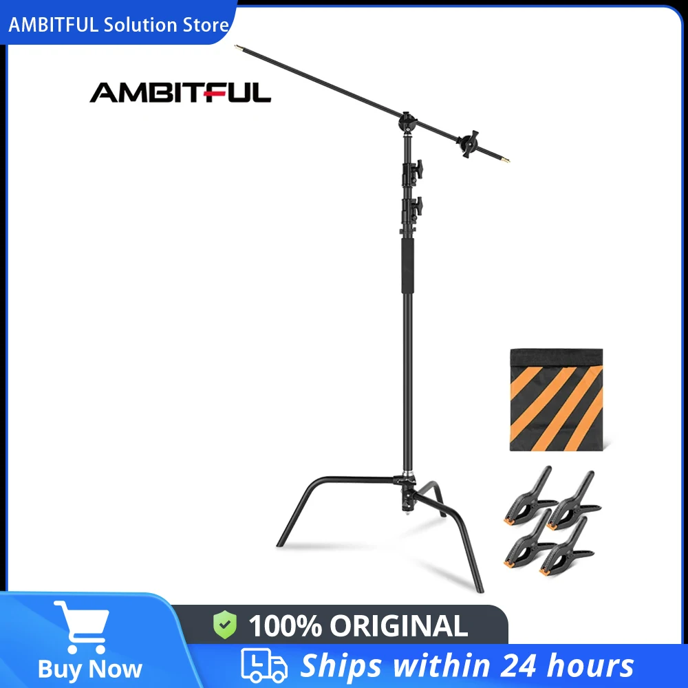 Black Heavy Duty Light Stand with Detachable Base 5-10 feet/1.6-3.2 meters Adjustable C Stand with 2 Risers for Photography