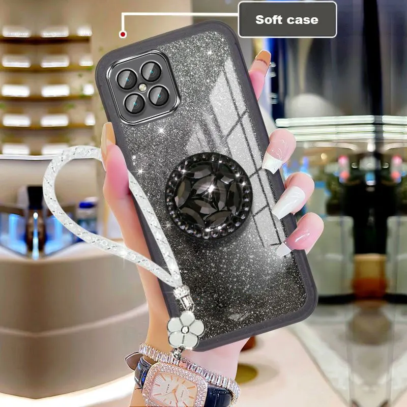 2022 Bling Glitter Lanyard Diamond Holder For Honor x8 4G 90 Lite Pro Phone Case X 8 Silicone Cover with Rope_voghion.com