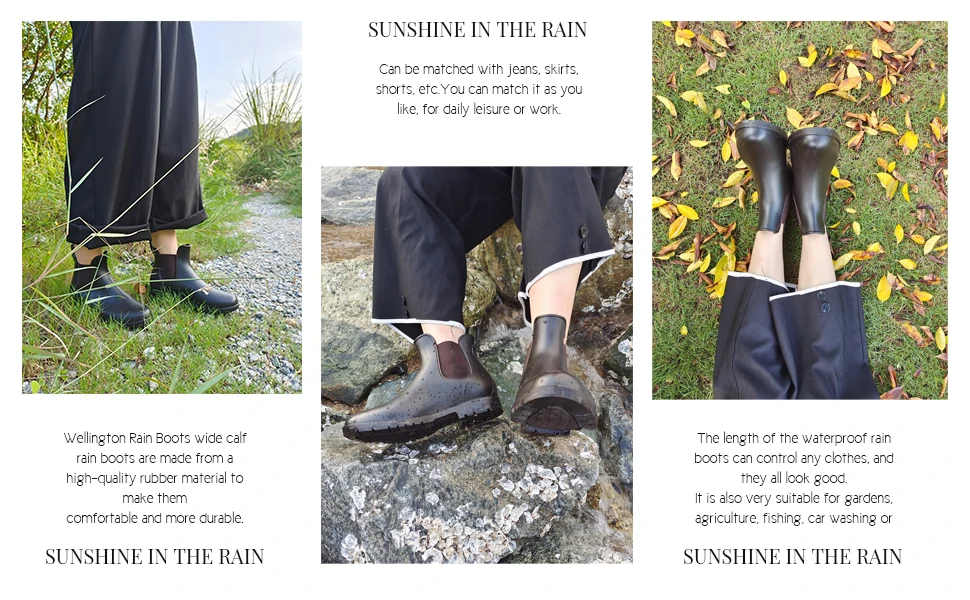 Litfun Women Chelsea Rain Boots Shiny Ankle Boots Waterproof Upper Toe Elastic Band Low Sole Fashion Non-slip Comfortable Boots