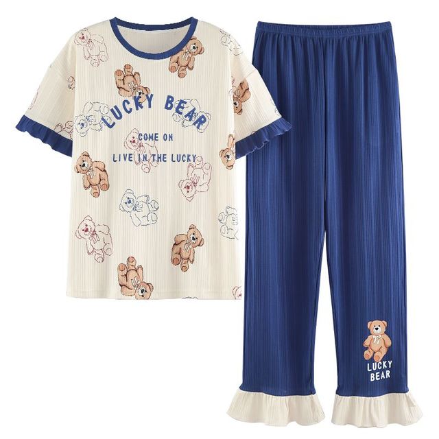 Women Pajama 2 Pcs Sets Cotton T-shirt Elastic Waist Ankle Length Pants Cartoon Plaid Sweet Home Clothes Can wear Outside