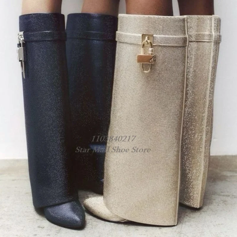 Luxury Bling Rhinestone Padlock Wedges Women Boots Pointed Toe Knee-Length Fashion Trouser Boots Colorful Party Street Catwalk