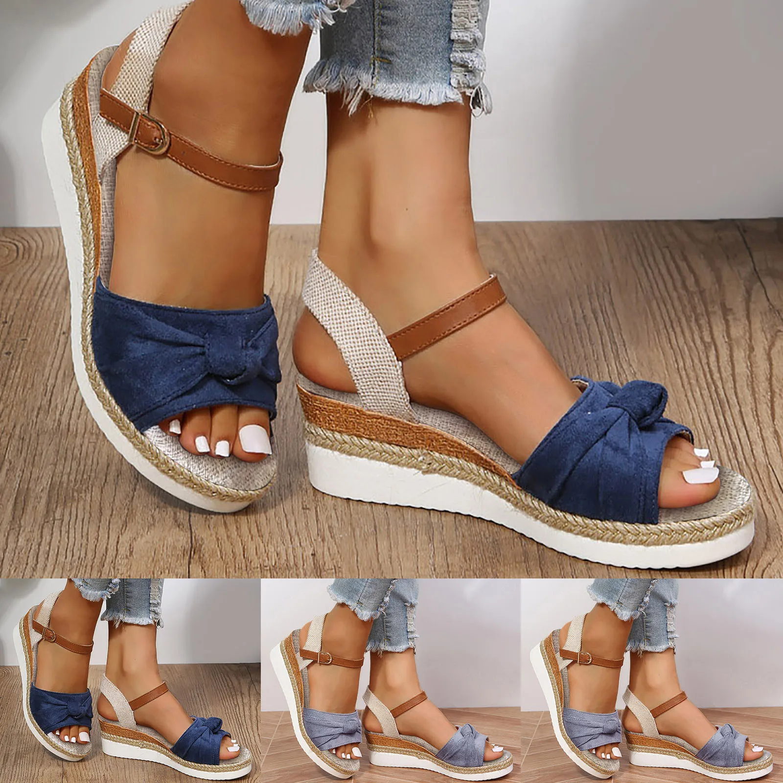 

Casual Open Toe Sandals Roman Platform Comfortable Sandals Color Block Knot Detail Heel Sandals Strap Wedge Sandals For Women