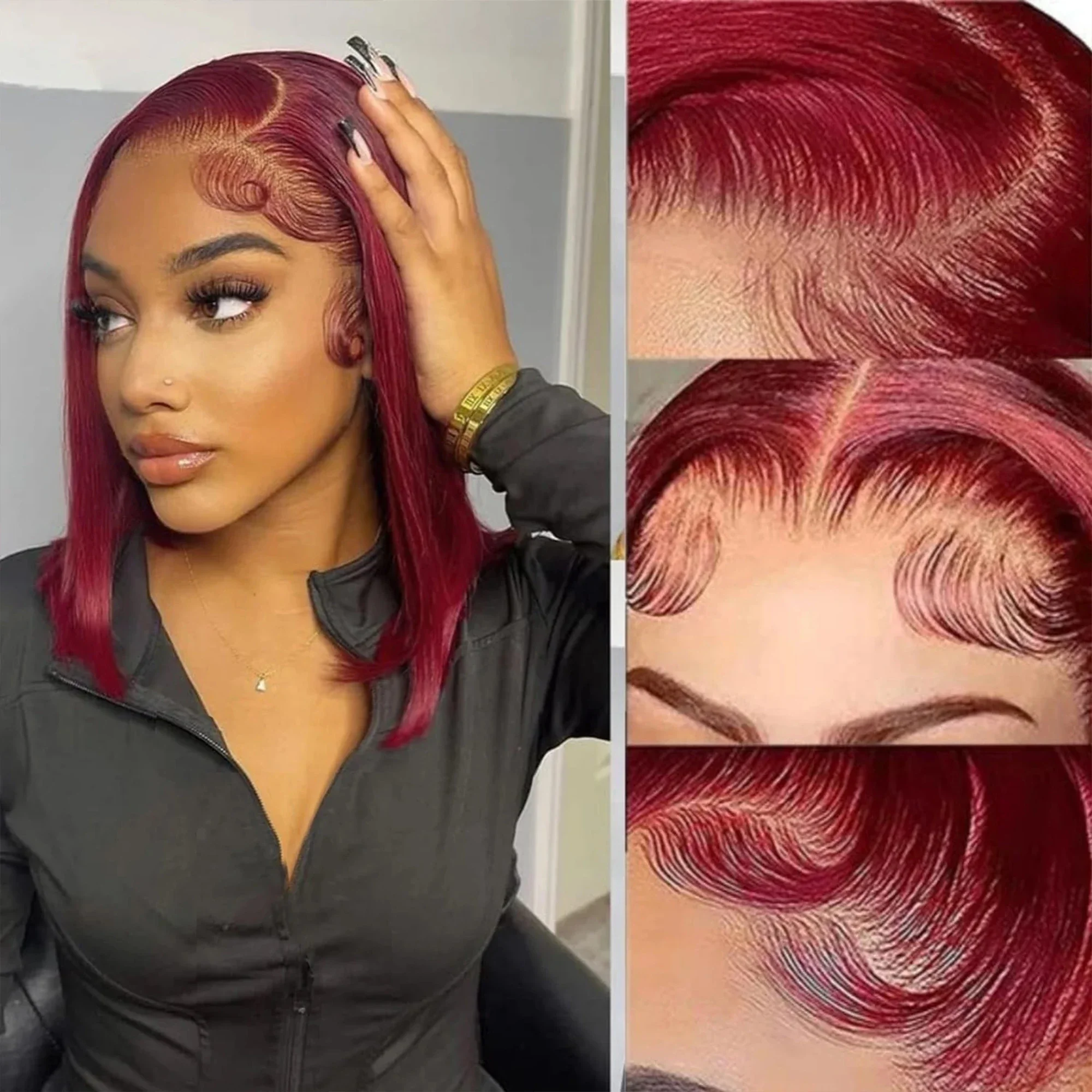 250% Dichte Knochenglatte 13x4 HD Lace Frontal Perücken 99J Burgunderrote Bob Echthaar-Perücke 7x5 Klebefreie Perücken für Frauen Vorgeschnitten – Detail 8