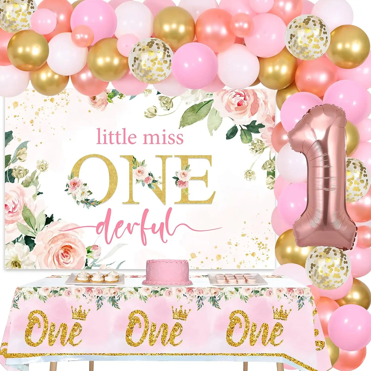 

Onederful 1st Birthday Decorations for 1 Year Old Girl Pink and Rose Gold Balloon Garland Arch Floral Backdrop One Tablecloth