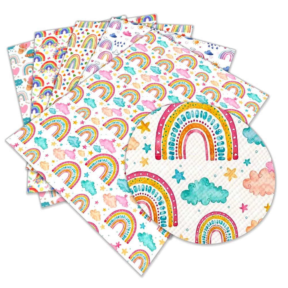 Rainbow Cute Print Pattern Faux Leather Vinly Cross Grain for DIY Hair Bow Jewelry Earring Craft Making 30*22cm
