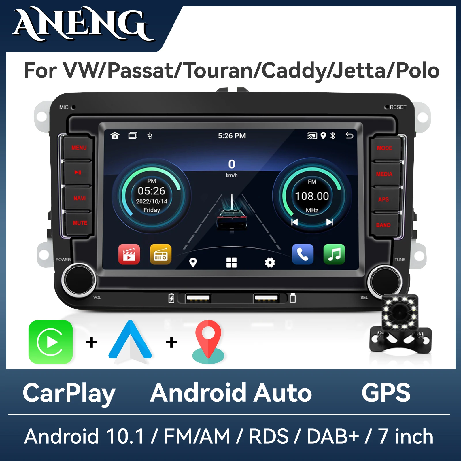 

7 Inch Android Multimedia 2 Din Car Radio with Bluetooth Wired Android Auto Wireless Carplay FM RDS DAB GPS Navigation for VW