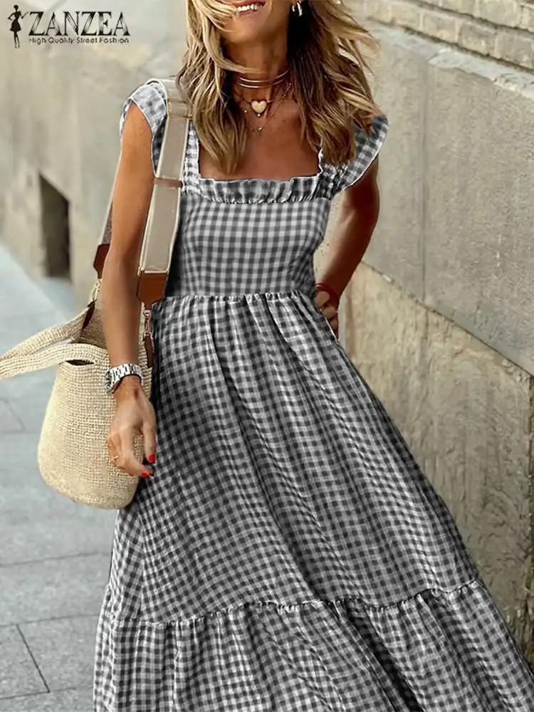 

ZANZEA Women Plaid Maxi Dress Elegant Ruffled Straps Dress 2023 Summer Sleeveless Square Neck Vestido Fashion Holiday Long Robe