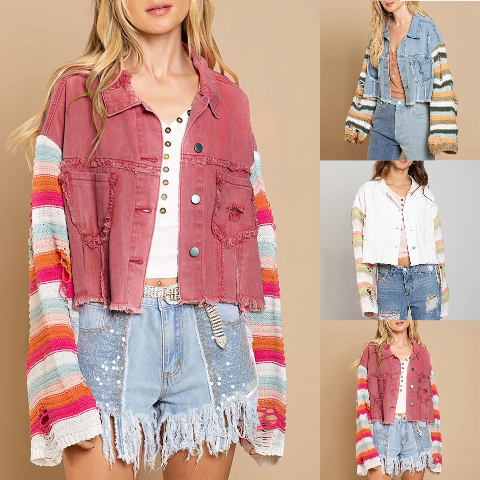 

2023 European And American Autumn And Winter Denim Splicing Knitted Jacket Women's Rainbow Ripped Long Sleeve Short Jacket Top