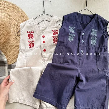2025 Spring New Girls Overalls Loose Kids Jumpsuit Flower Embroidery Baby Bib Pants Children Casual Pants Infant Clothes