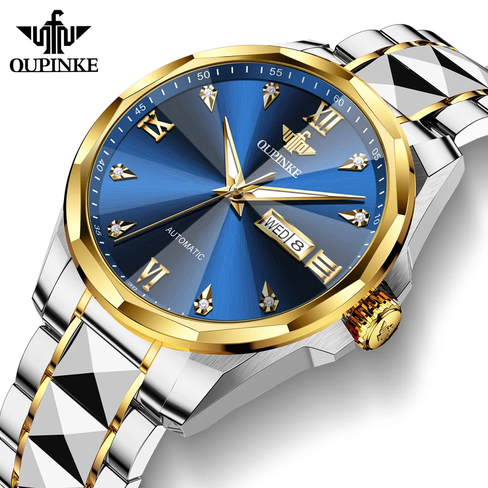 OUPINKE 3313 Man Automatic Watch Rhombus Mirror Mechanical Watch For Men Waterproof Dual Calendar Luxury Men's Dress Wristwatch