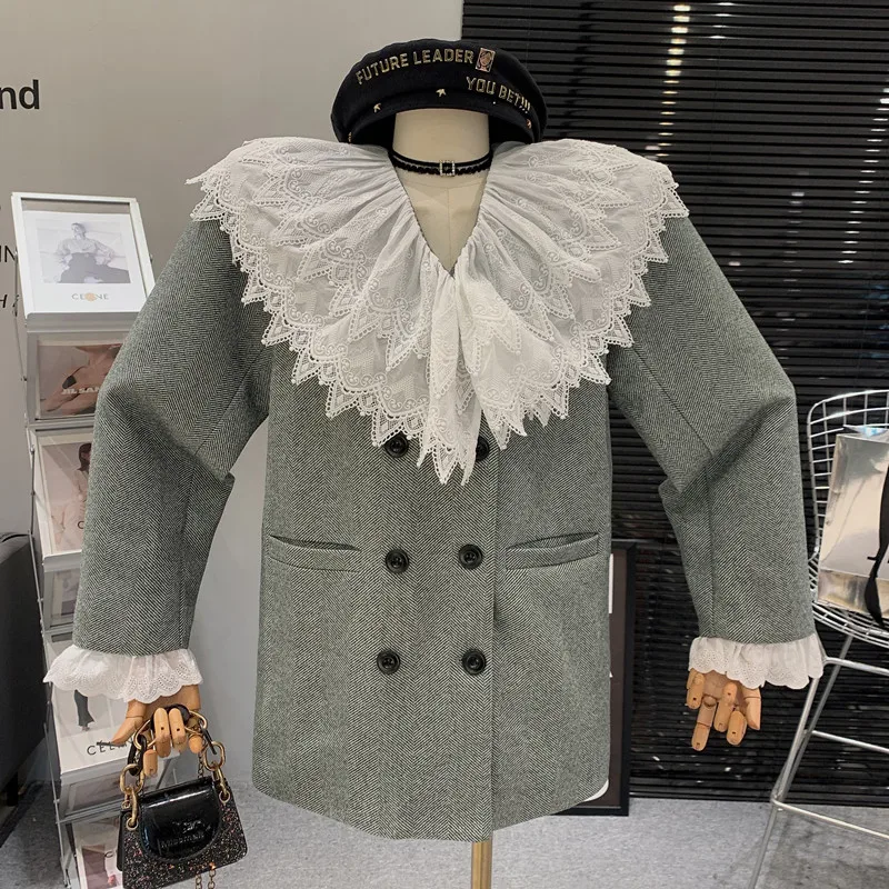 

High quality Ruffle Doll Neck patchwork long sleeved loose and gentle Double breasted suit jacket