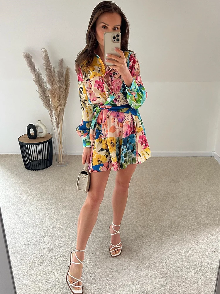 

Chicheca Floral Boho Tie Dyed Summer Long Sleeve Romper Playsuit Overall Beach Button Shirt Spring Wide Leg Romper Jumpsuit