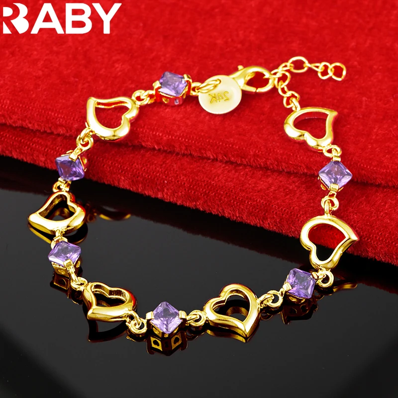 

URBABY 24K Gold Heart Zircon Chain Bracelet For Women Jewelry Wedding Engagement Fashion Charm Accessories Gift