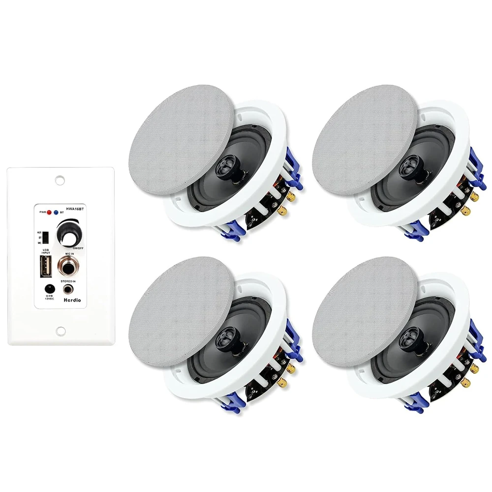 Herdio 5.25 Inch Bluetooth Ceiling Speaker Max Power 600W 2-Way Wall Mount Amplifier Receiver for Home Theater Office 4 Speakers