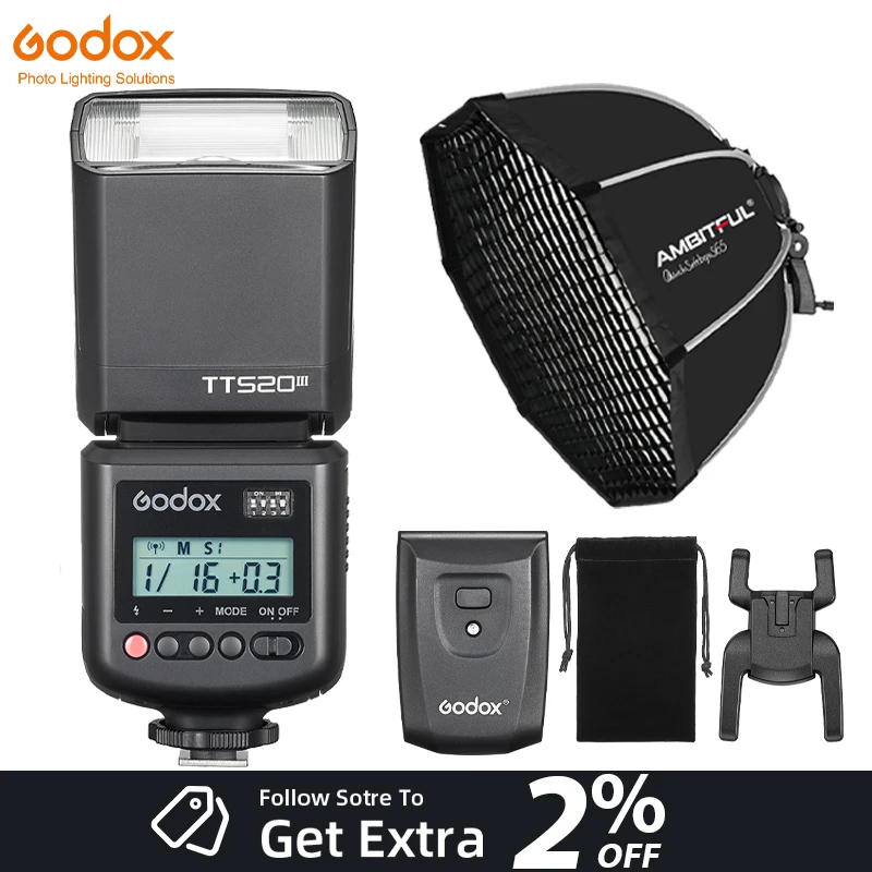 GODOX TT520III Camera Flash Speedlite + Flash Trigger With Ambitful 65cm Flash Bracket Softbox Grid Kit For Canon Nikon Olympus