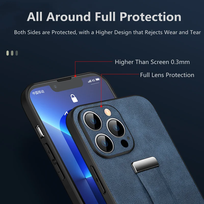 SULADA Luxury Oil Wax Leather Wristband Metal Ring Grip Case for iPhone 15 Pro Max 12 13 Pro 14 Plus Daul Stand Protective Cover