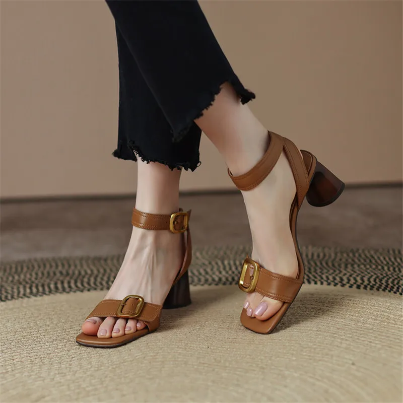 

2022 Summer Sandals Woman Shoes Sheepskin Open Toe Thick Heel Women Sandals Shoe for Women Metal Buckle High Heels Size 34-42