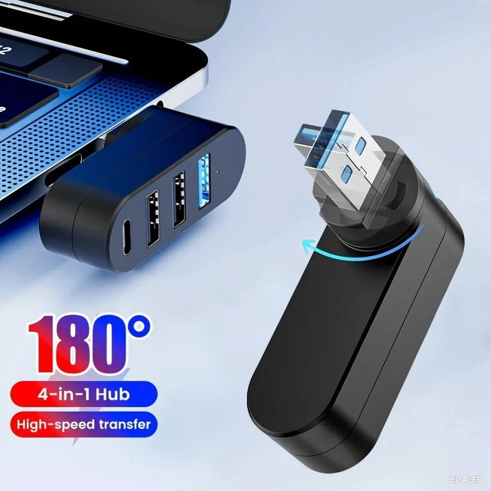 Compact Rotatable USB Hub with Multi-Port Expansion and Power Adapter