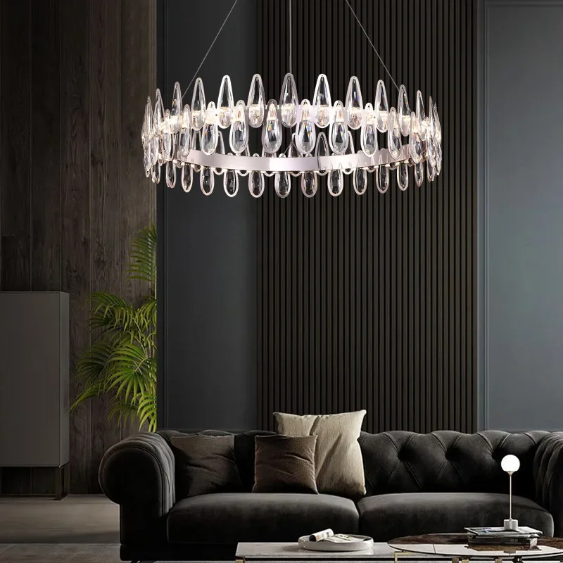 

Postmodern Luxury LED Chandelier Lighting K9 Crystal Dining Living Room Water Drop Hanging Lamp Bedroom Home Deco Round Fixtures
