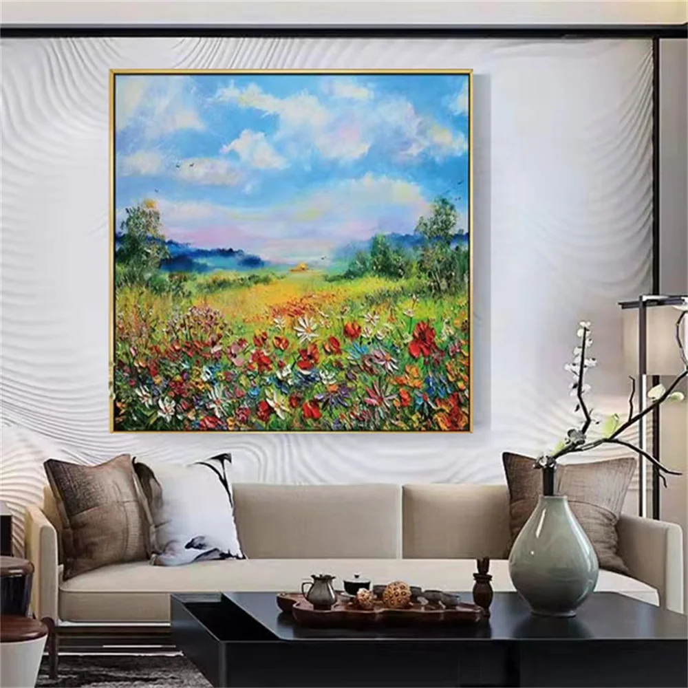 

Pure Handmade Fields Colorful Abstract Flowers Canvas Thick Oil Painting Landscape Wall Art Modern Living Room Home Porch