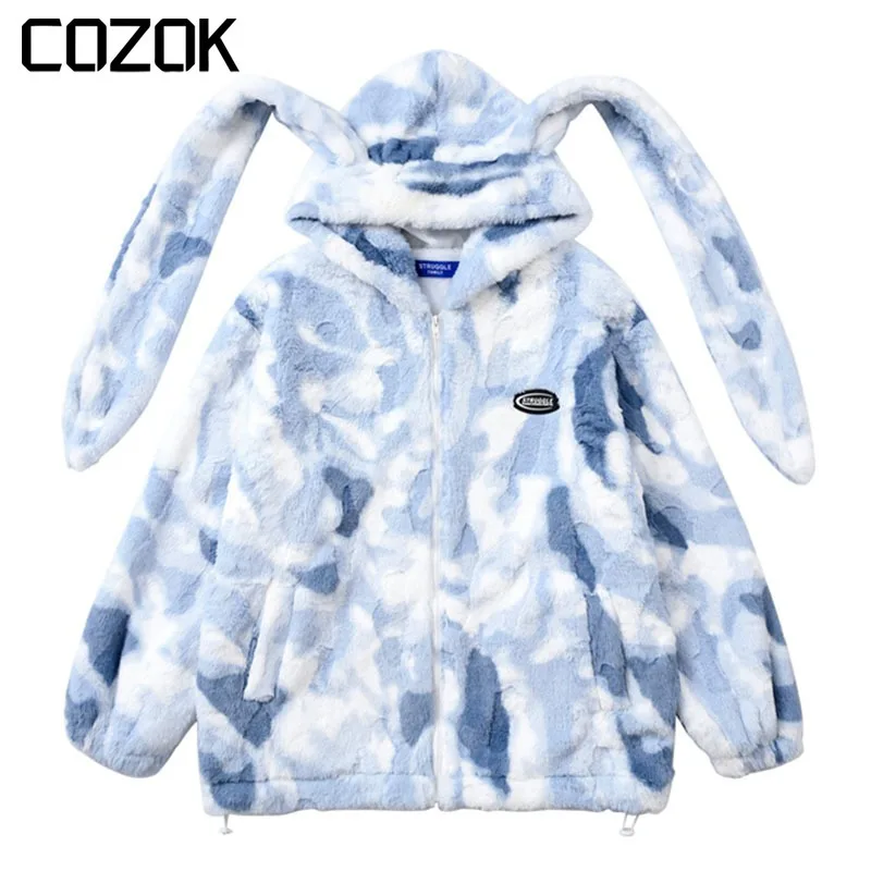 

Harajuku Fluffy Jacket Women Rabbit Bunny Ears Hip Hop Tie Dye Fuzzy Faux Fur Zipper Coats 2023 Couple Casual Loose Streetwear