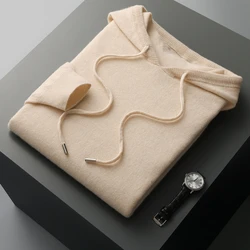 Autumn Winter Merino Wool Men's Hooded Sweater - Casual Knitted Pullover - S (Beige)