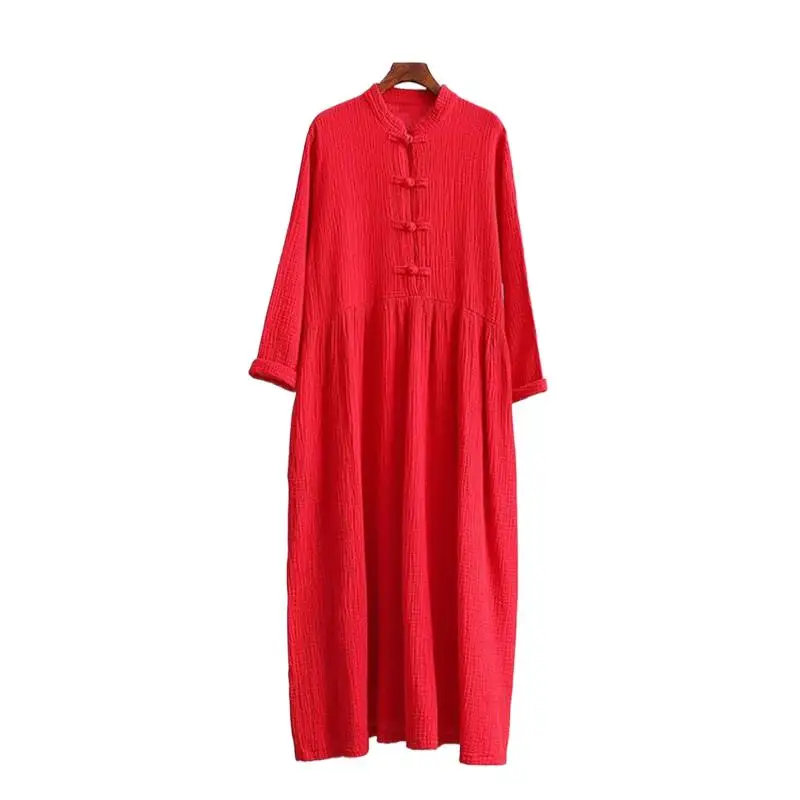 

2024 Autumn Women Solid Long Dress Chinese Style Mandarin Collar Button Cotton Maxi Dress Vestidos Red Black Plus Size L-7XL